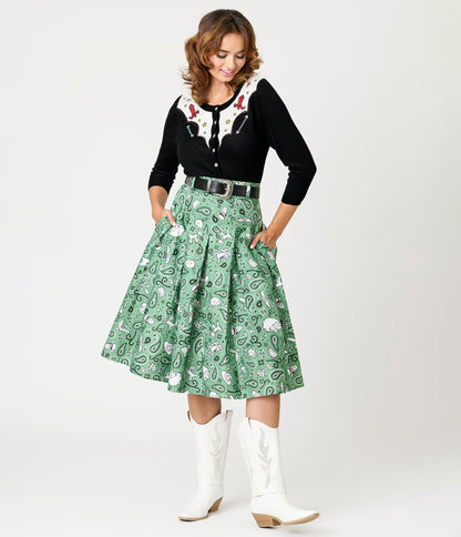 Disney Pixar Toy Story Collection by Unique Vintage Sage Green Woody & Jessie Bandana Print Midi Skirt
