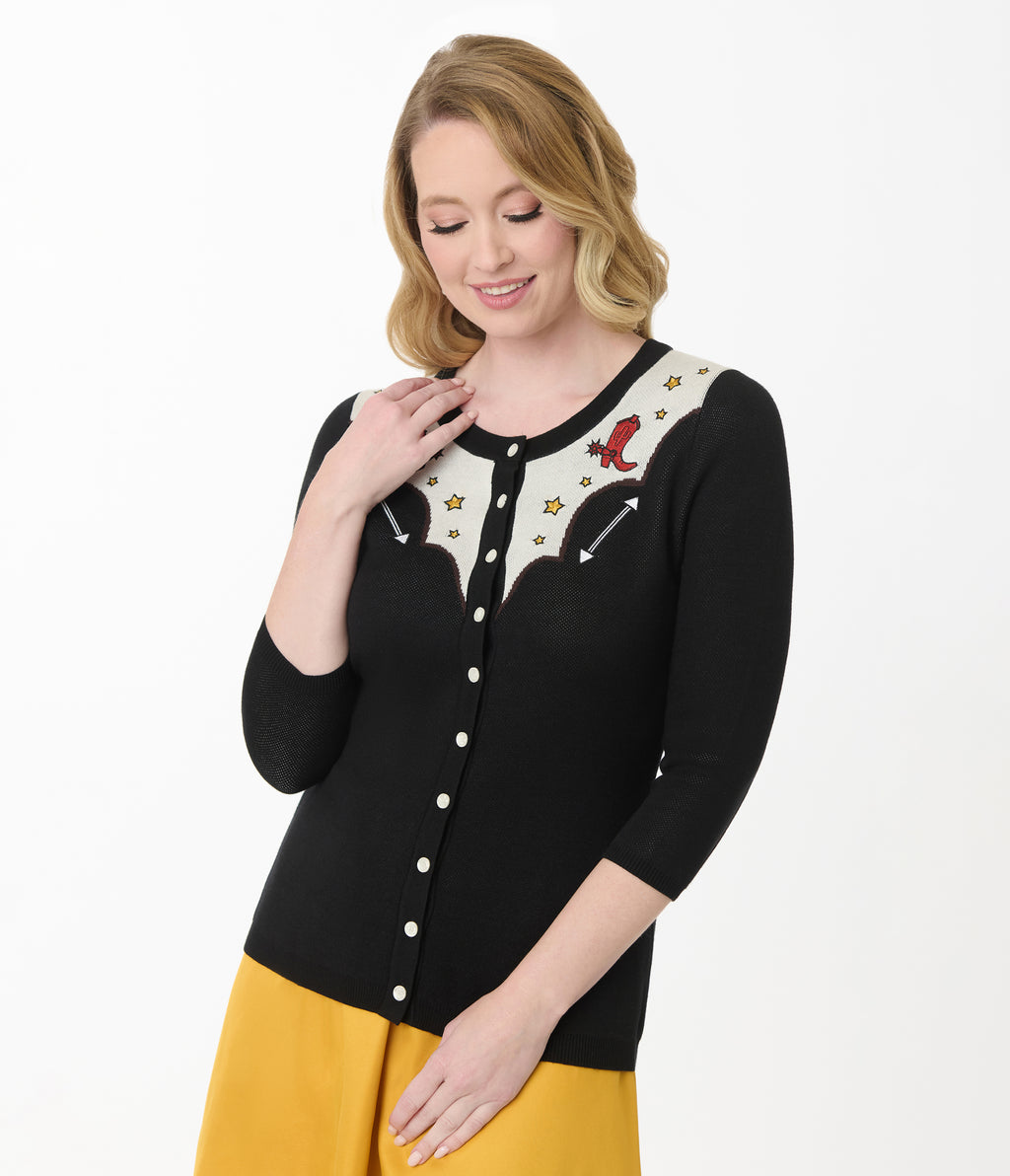 Disney Pixar Toy Story Collection by Unique Vintage Black & Ivory Woody's Cowboy Boot Embroidered Cardigan