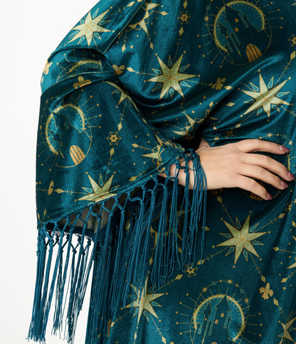 Disney Princess Collection by Unique Vintage Teal & Gold Royal Palace Velvet Fringe Kimono