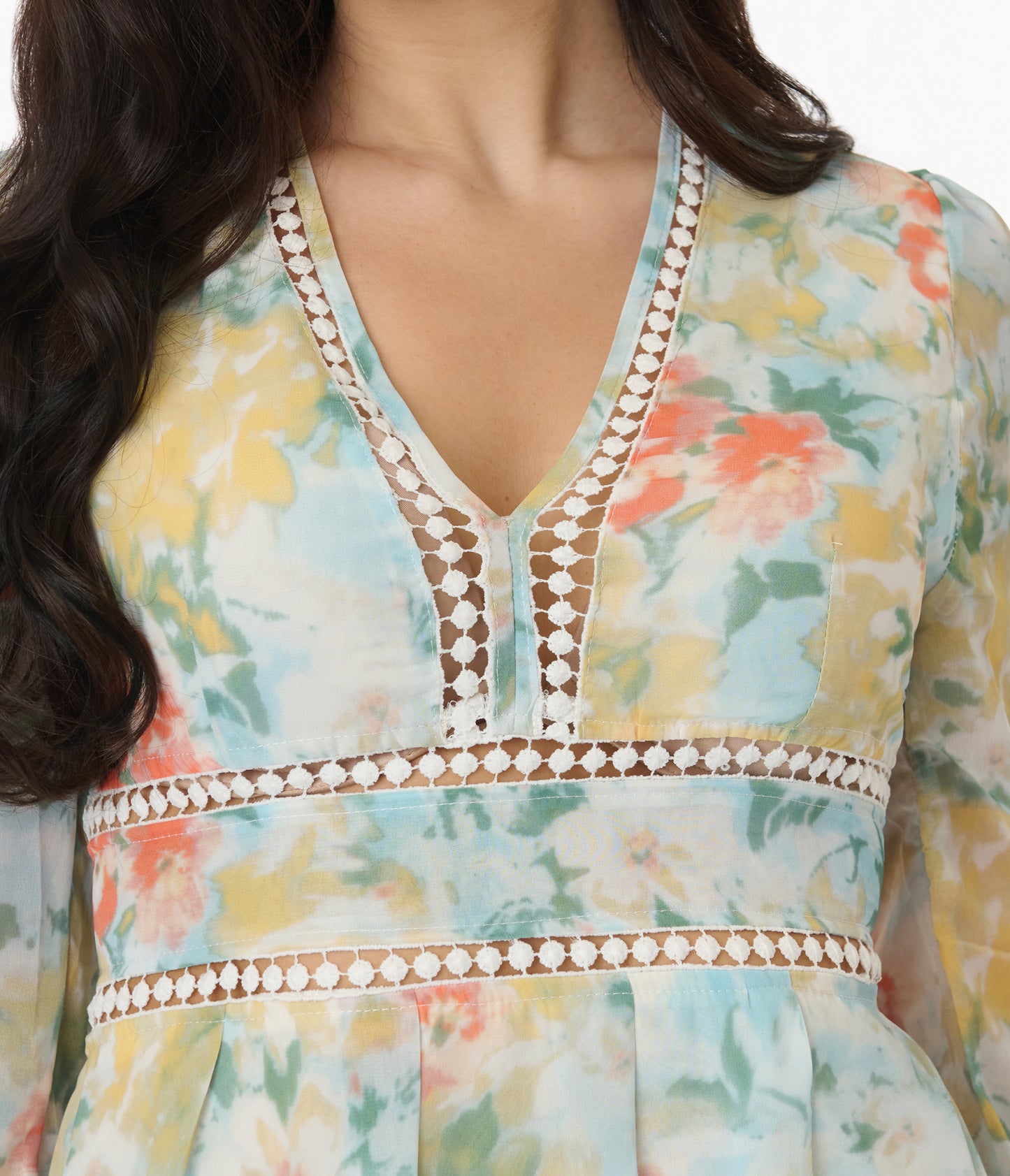 Blue & Yellow Floral Chiffon Mini Dress