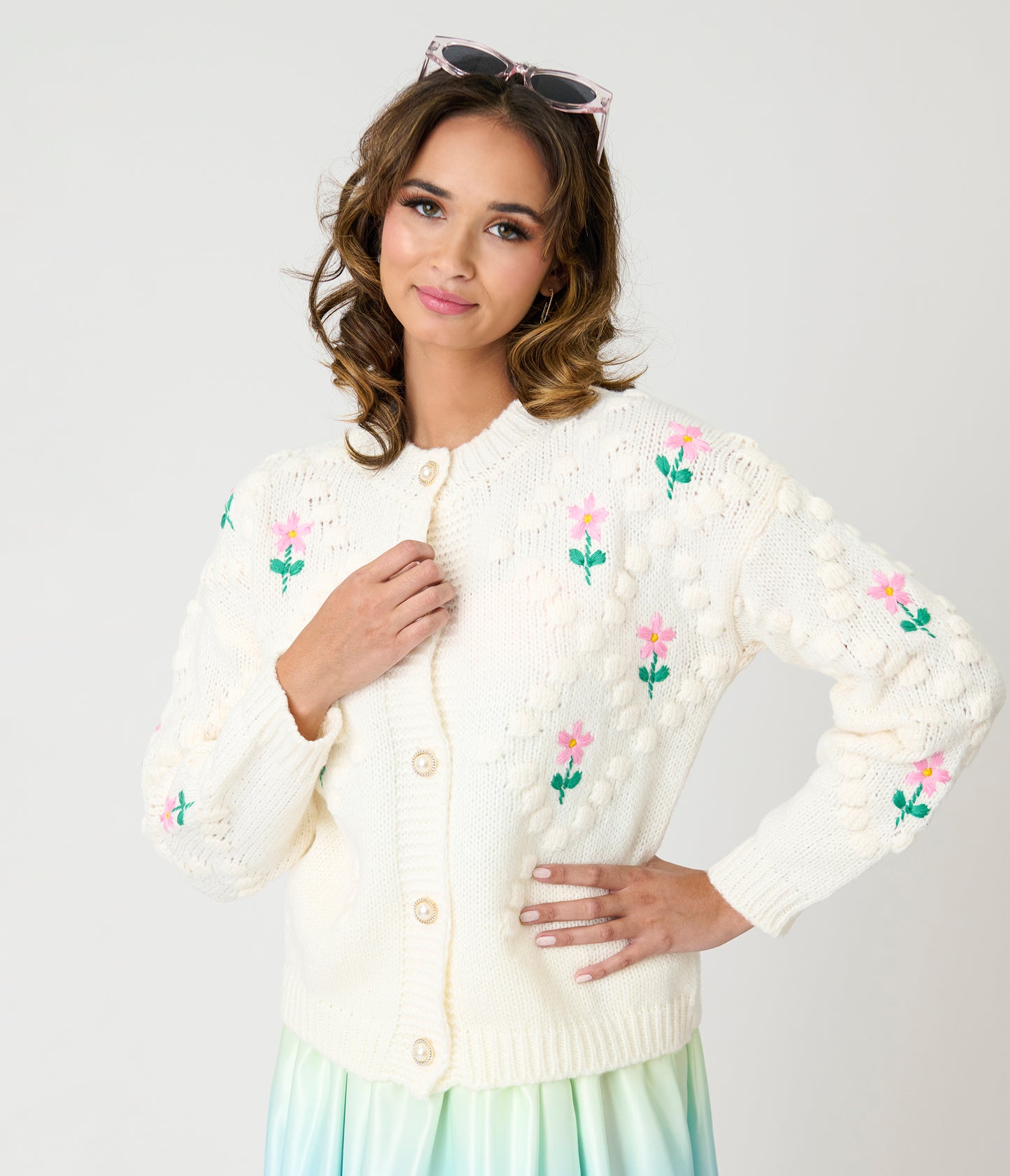 Ivory & Pink Floral Hand-Hooked Embroidered Knit Cardigan