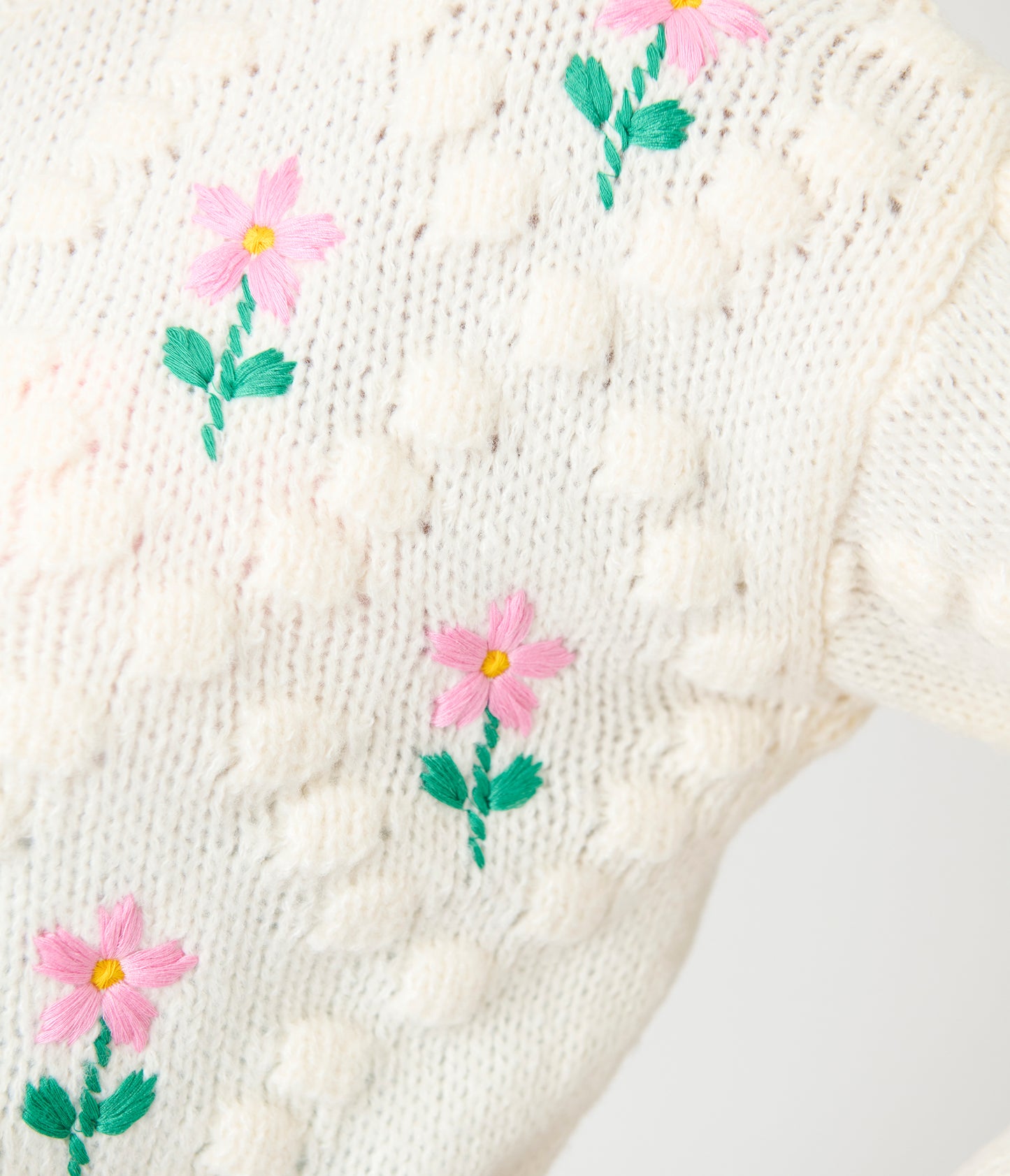 Ivory & Pink Floral Hand-Hooked Embroidered Knit Cardigan
