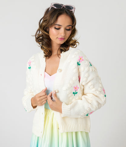 Ivory & Pink Floral Hand-Hooked Embroidered Knit Cardigan