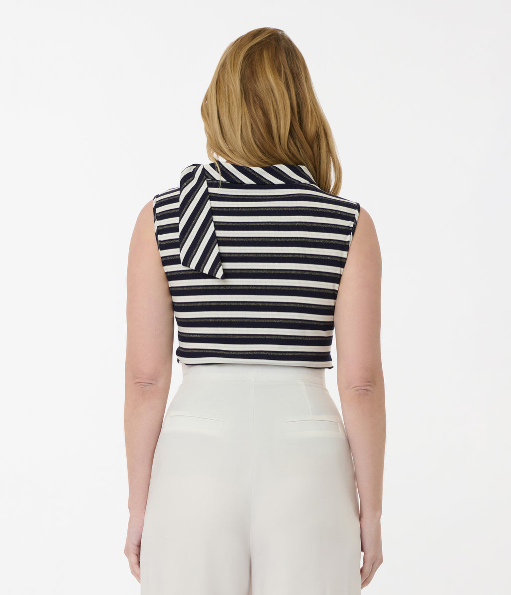 Smak Parlour Navy & Silver Stripe Cowl Neck Tie Blouse