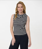 Smak Parlour Navy & Silver Stripe Cowl Neck Tie Blouse