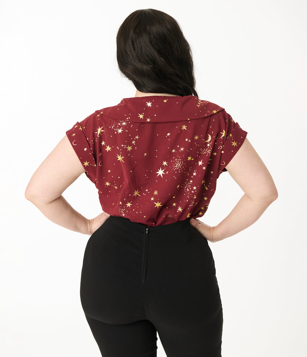 Unique Vintage Plus Size Burgundy & Gold Star Twill Sleeveless Blouse