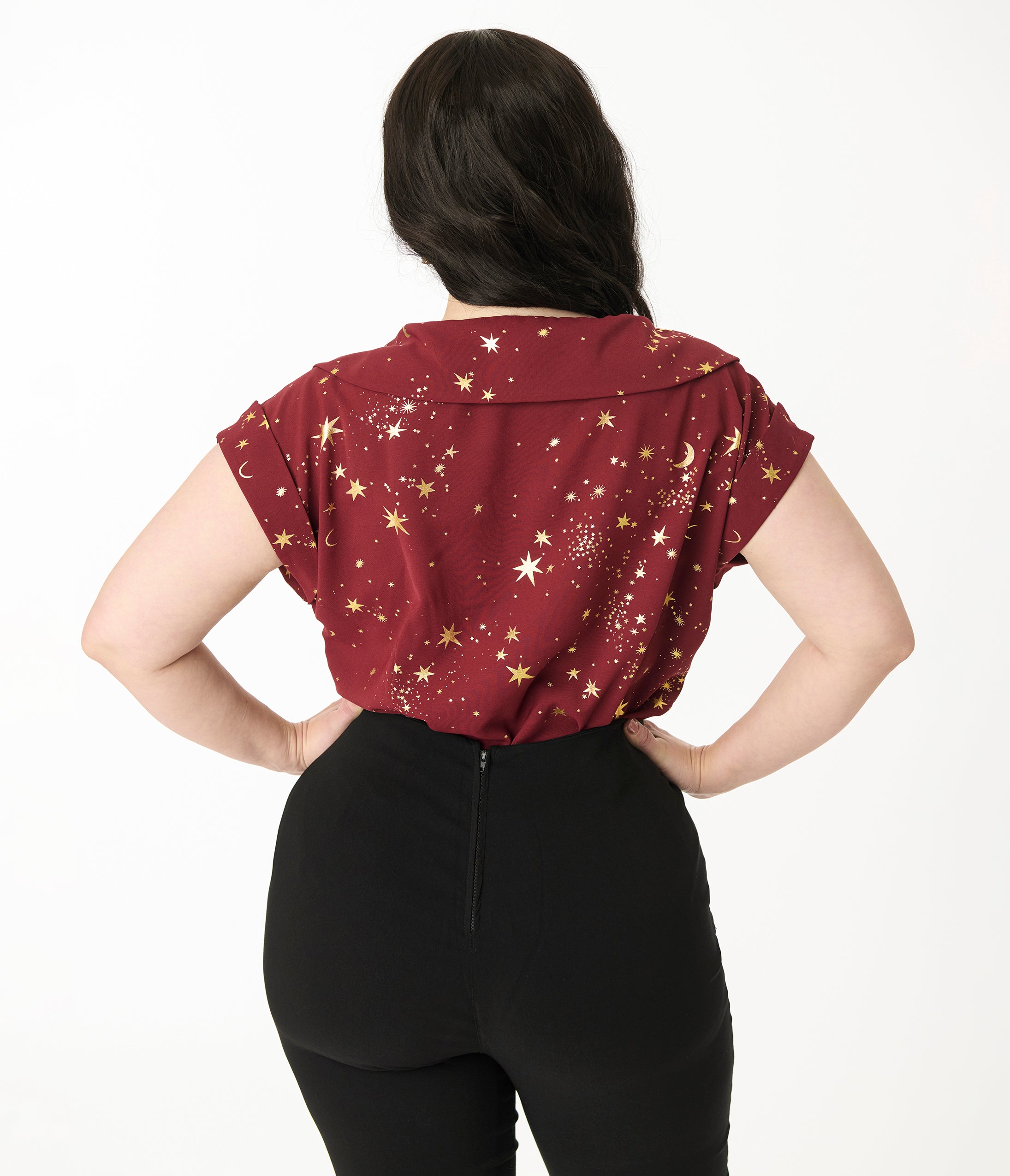 Unique Vintage Plus Size Burgundy & Gold Star Twill Sleeveless Blouse