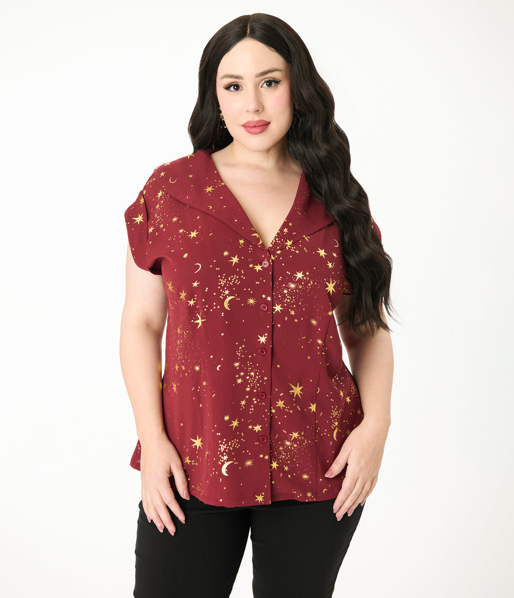 Unique Vintage Plus Size Burgundy & Gold Star Twill Sleeveless Blouse
