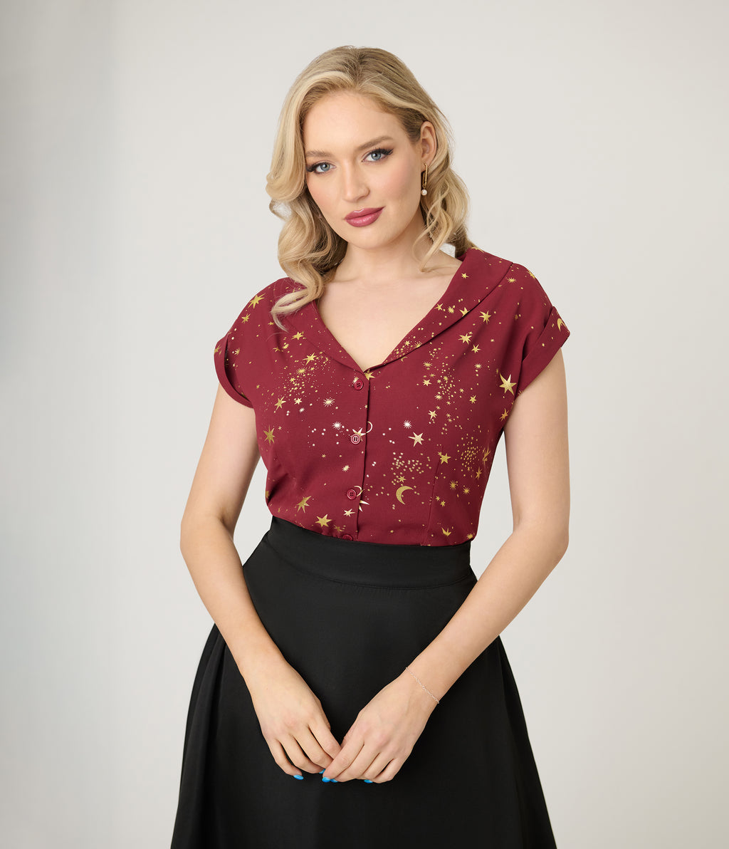 Unique Vintage Burgundy & Gold Star Twill Sleeveless Blouse