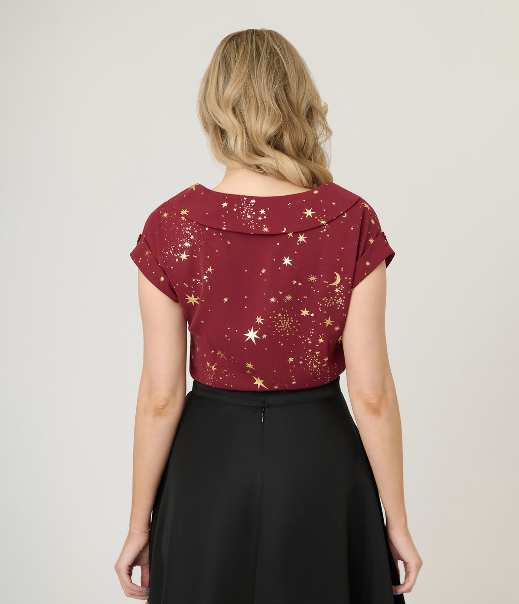 Unique Vintage Burgundy & Gold Star Twill Sleeveless Blouse