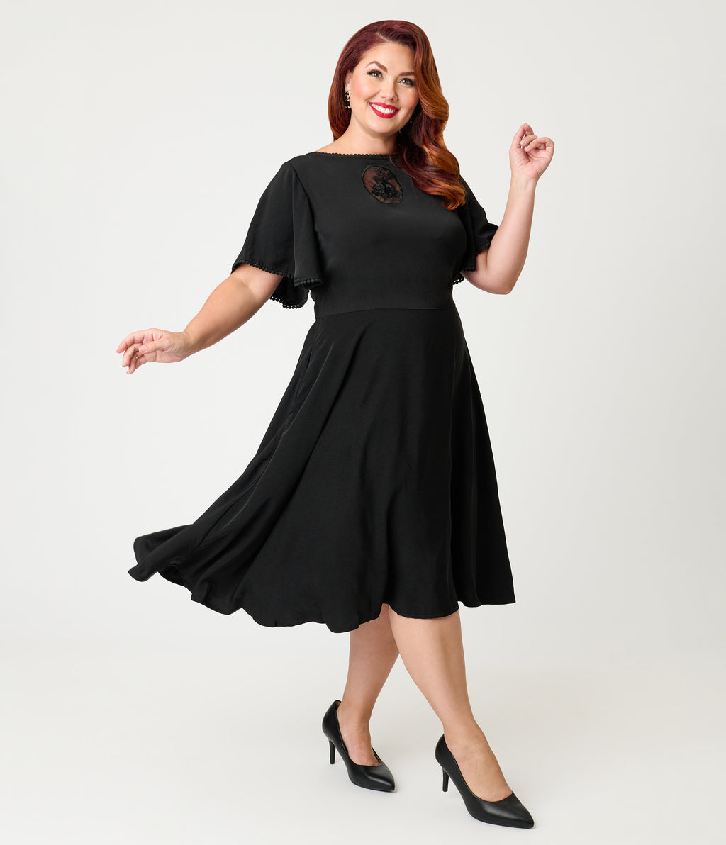 mesh black floral dress Unique Vintage Plus Size Black Floral Mesh Cutout Swing Dress