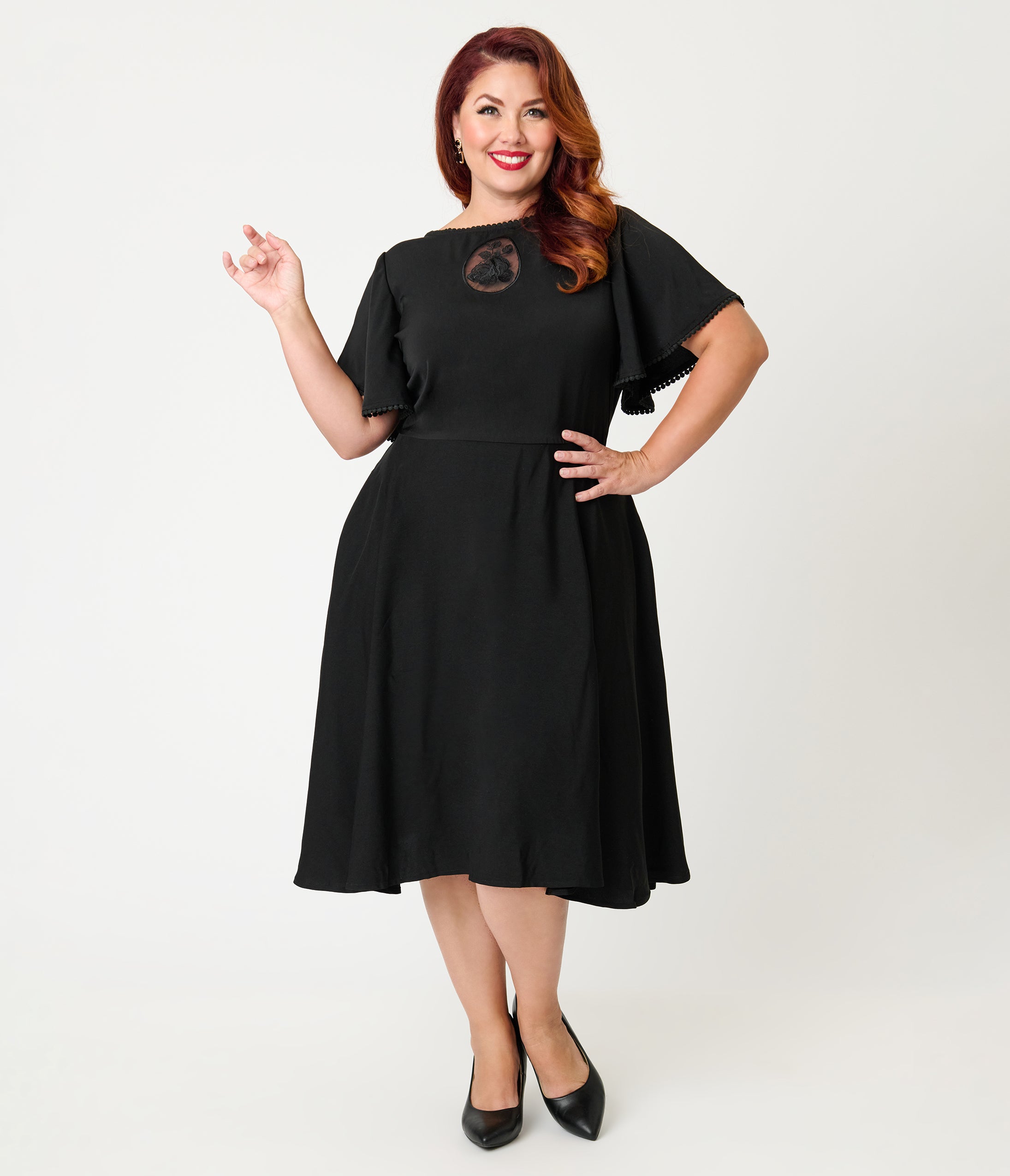 Unique Vintage Plus Size Black Floral Mesh Cutout Swing Dress Unique Vintage Plus Size Black Floral Mesh Cutout Swing Dress