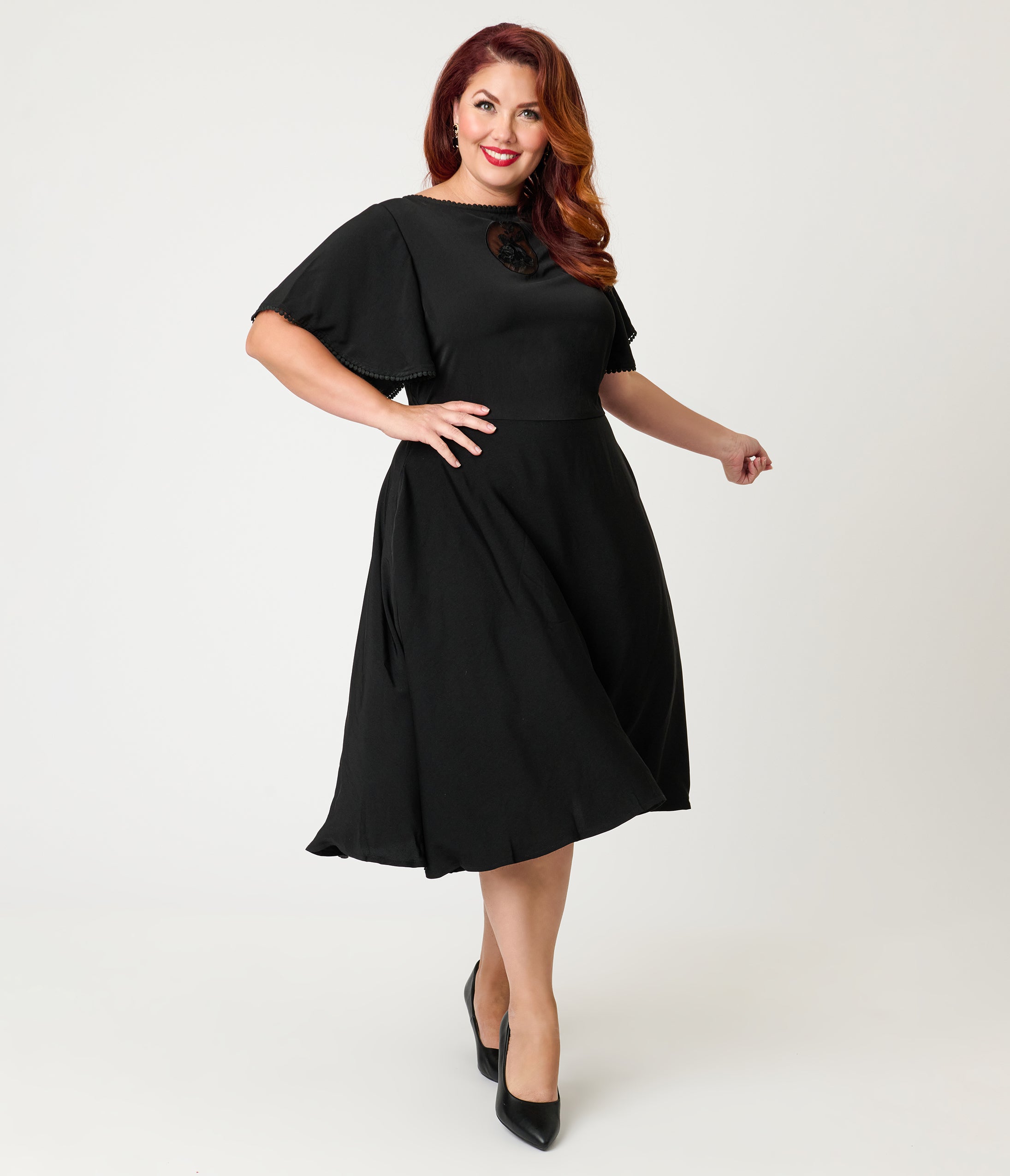 Unique Vintage Plus Size Black Floral Mesh Cutout Swing Dress
