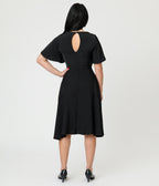 Unique Vintage Black Floral Mesh Cutout Swing Dress