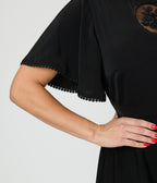 Unique Vintage Black Floral Mesh Cutout Swing Dress