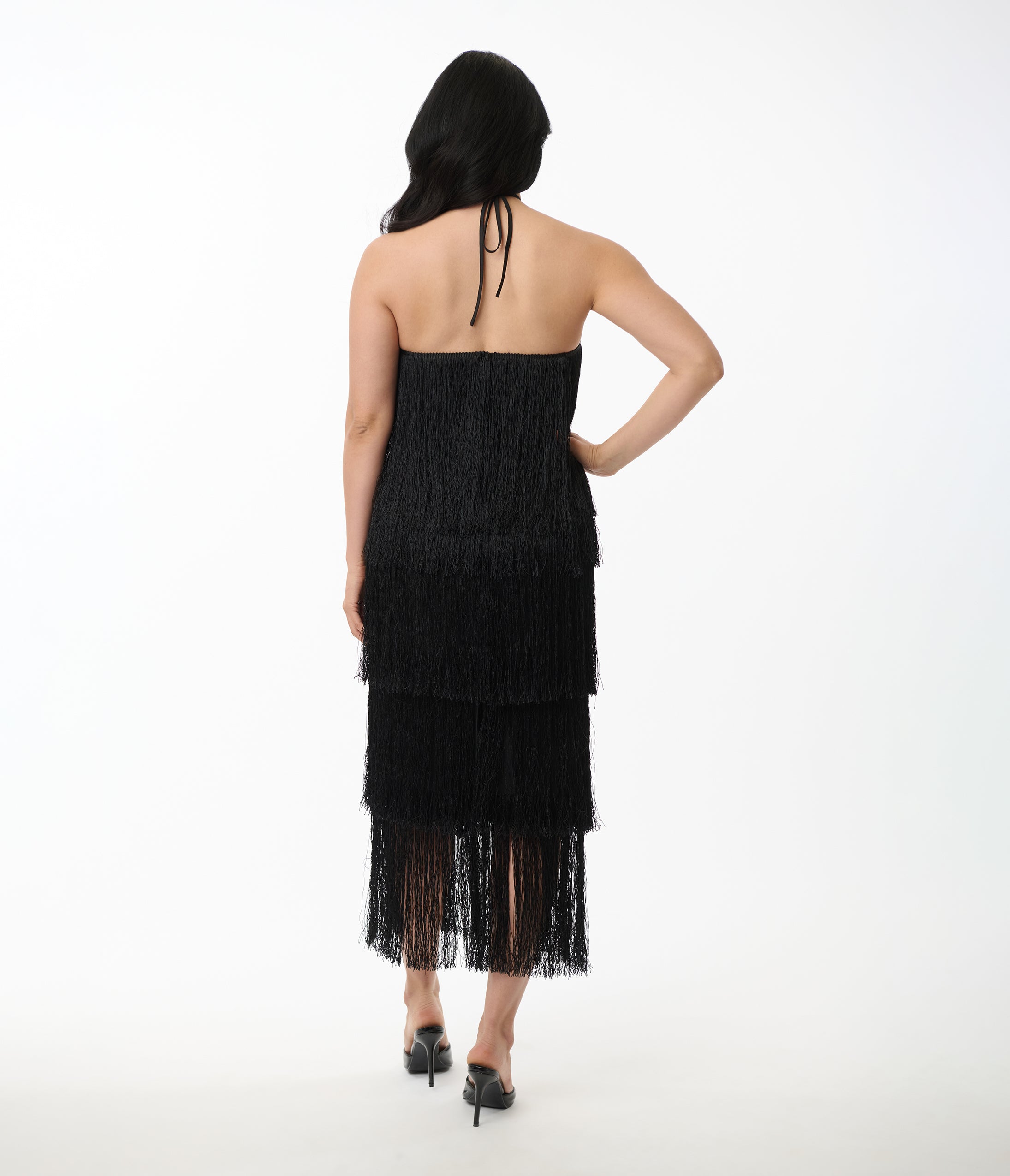 fringe halter dress Black Fringe Halter Maxi Dress – Unique Vintage
