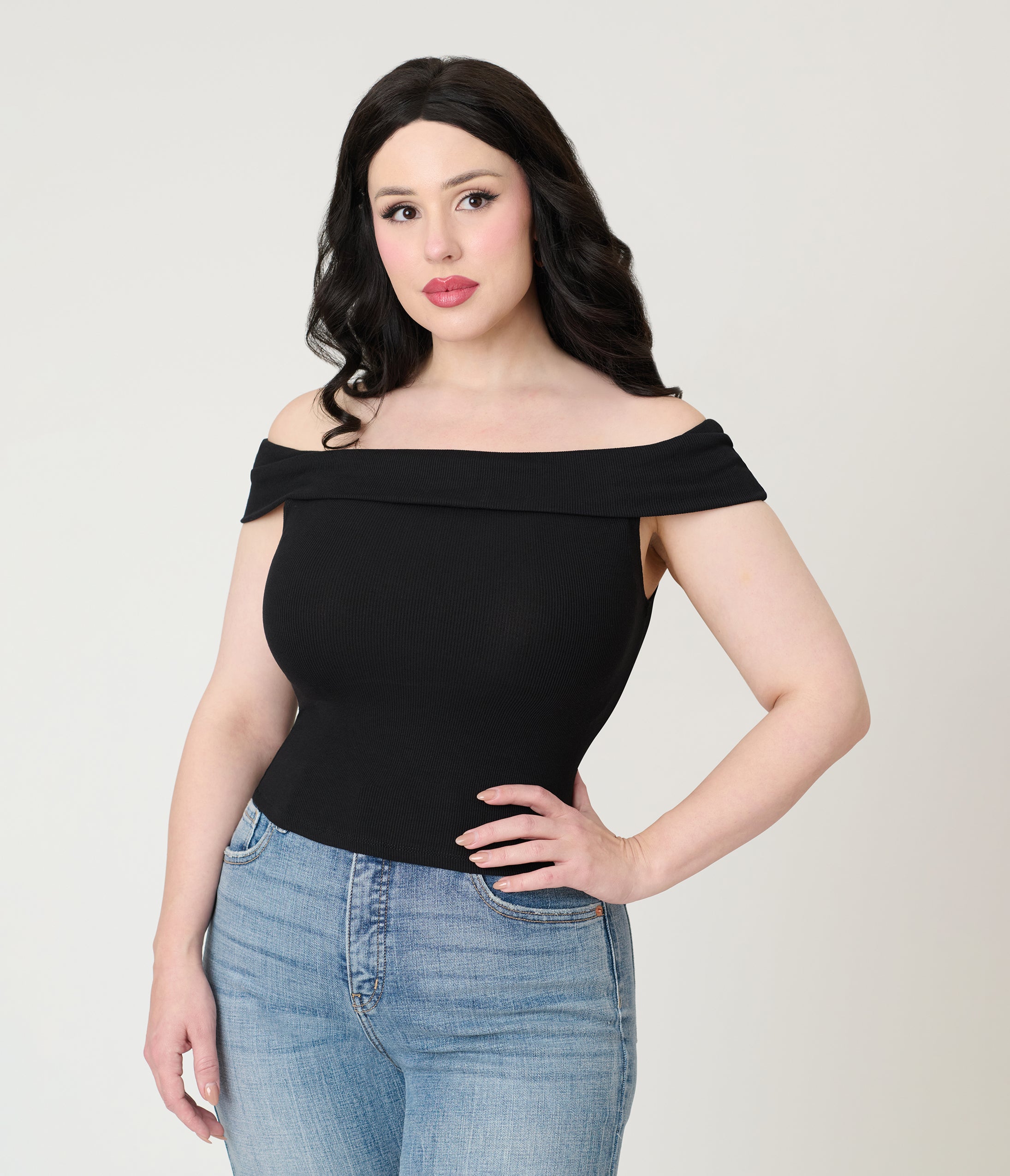 Black Ribbed Knit Off The Shoulder Top