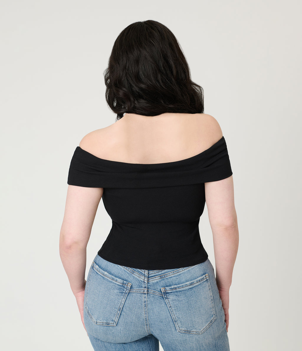 Black Ribbed Knit Off The Shoulder Top