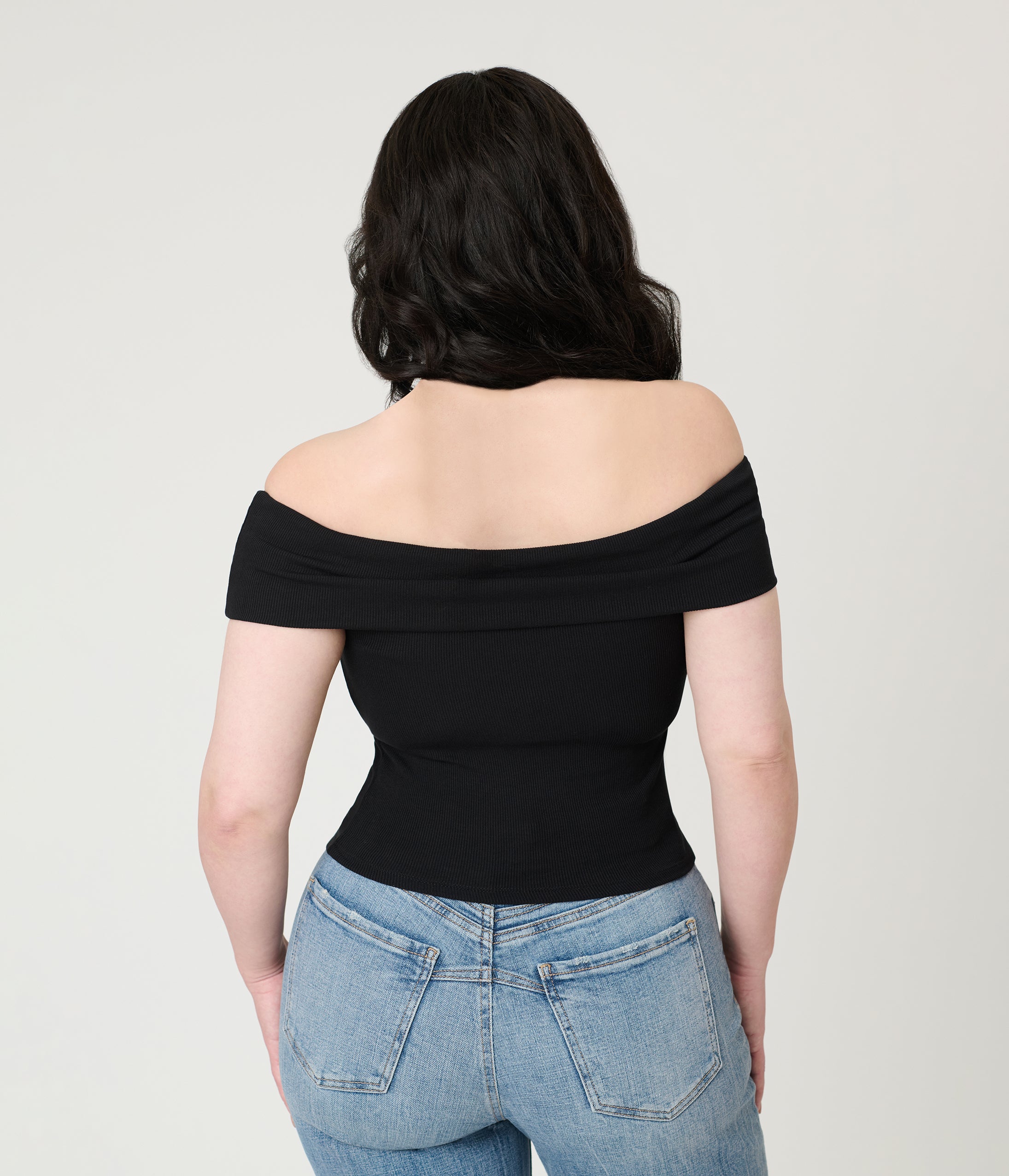 Black Ribbed Knit Off The Shoulder Top