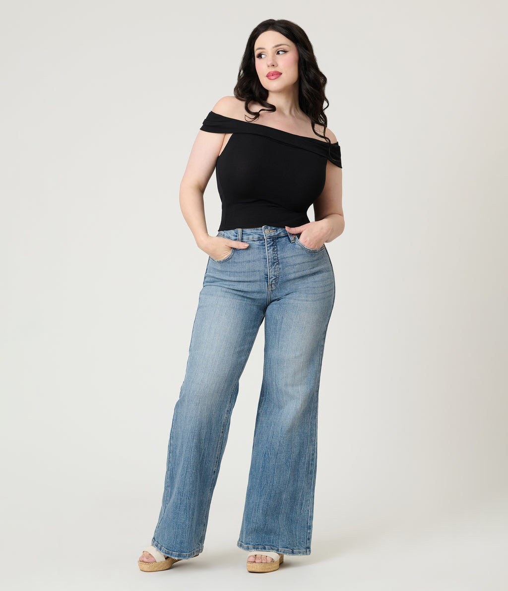 Black Ribbed Knit Off The Shoulder Top