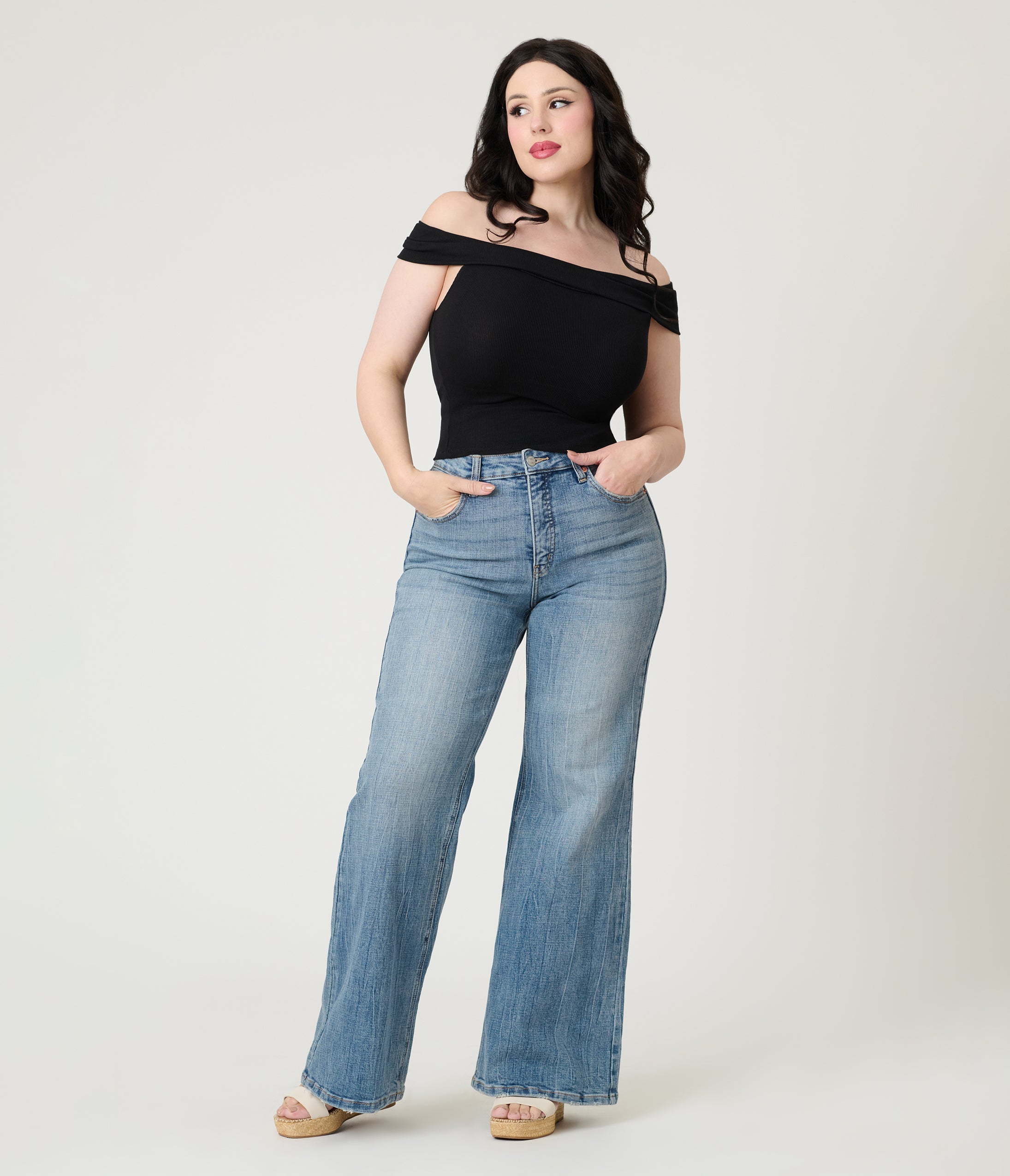 Black Ribbed Knit Off The Shoulder Top