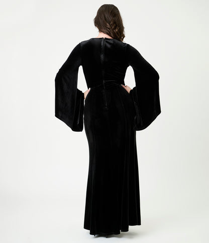 Elvira x Unique Vintage Black Dagger Velvet Maxi Dress