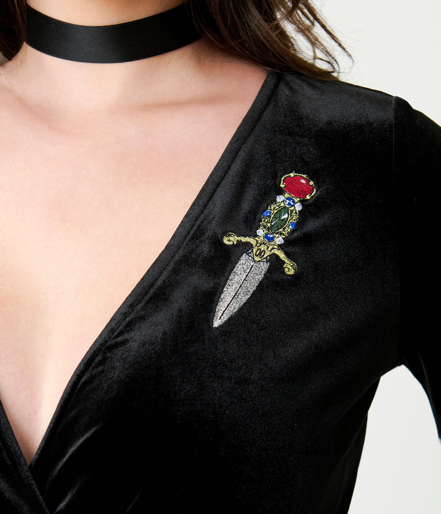 Elvira x Unique Vintage Black Dagger Velvet Maxi Dress