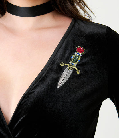 Elvira x Unique Vintage Black Dagger Velvet Maxi Dress