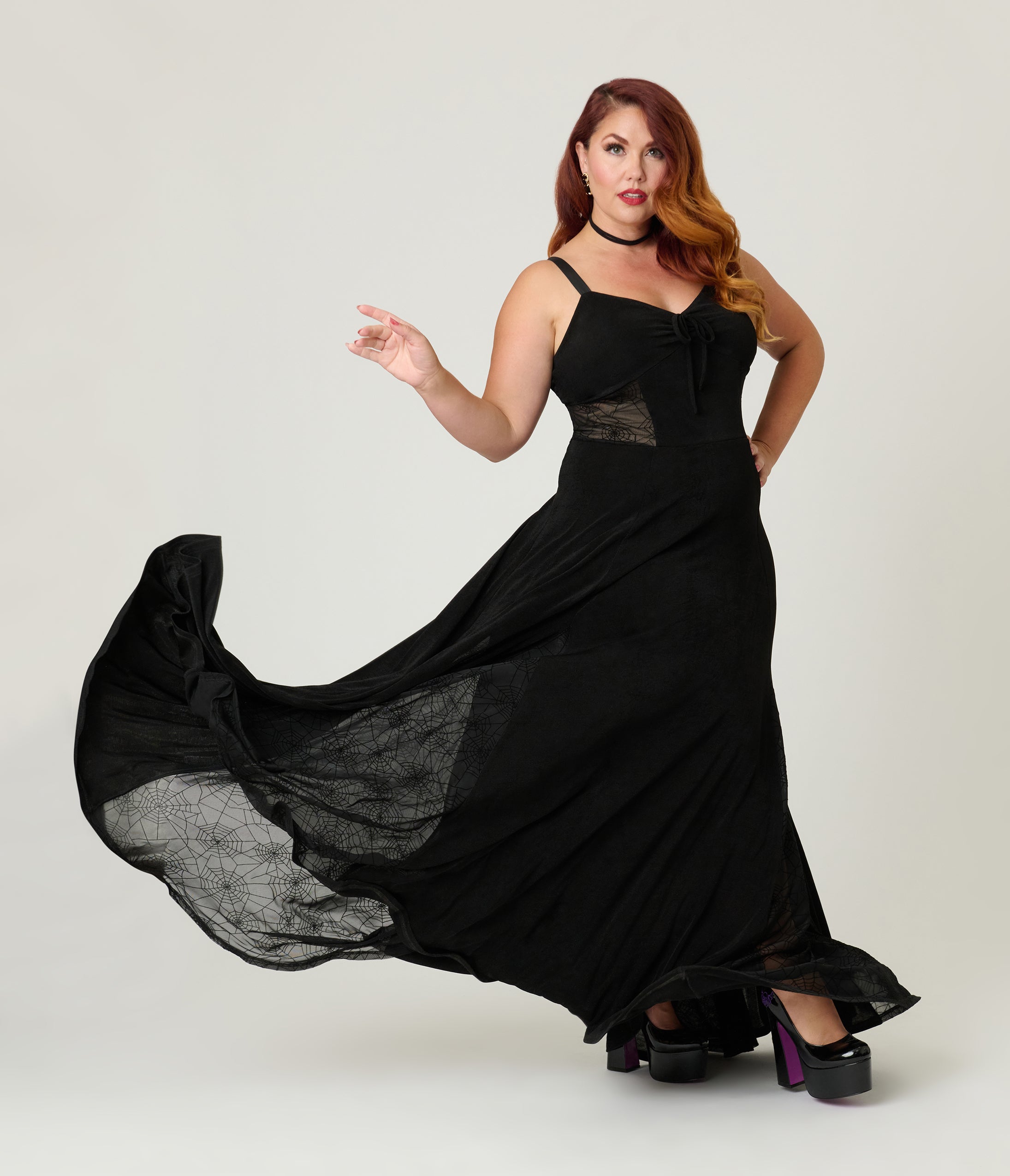 Unique Vintage Plus Size Black Sheer Spiderweb Godet Maxi Dress