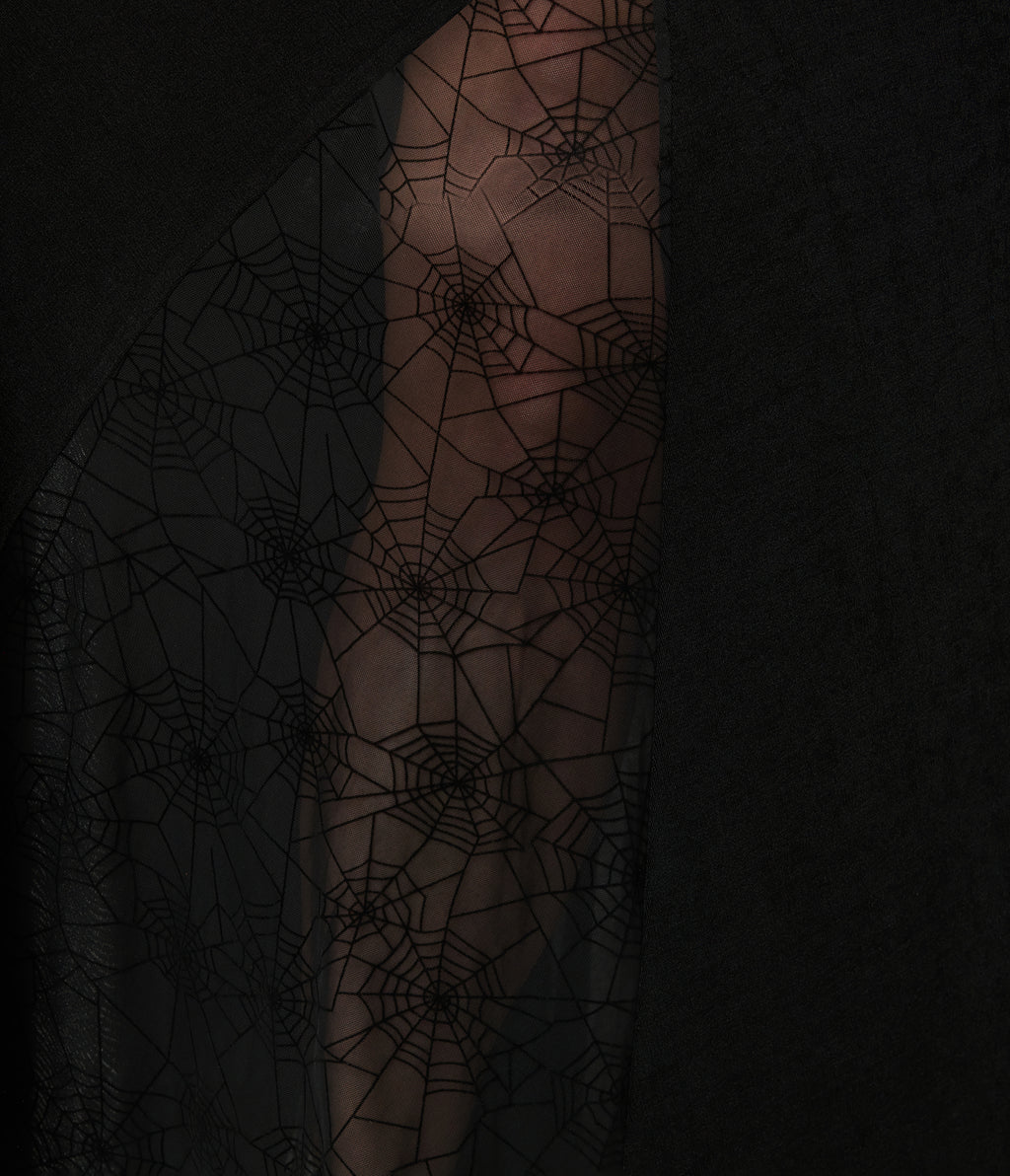 Unique Vintage Plus Size Black Sheer Spiderweb Godet Maxi Dress