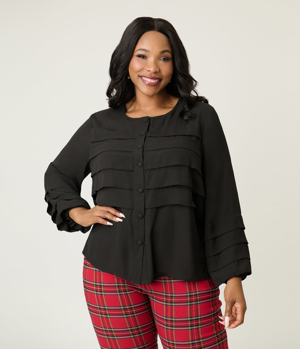 Smak Parlour Plus Size Black Pleated Front Blouse