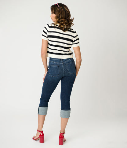 Denim High Waist Double Button Capri Jeans