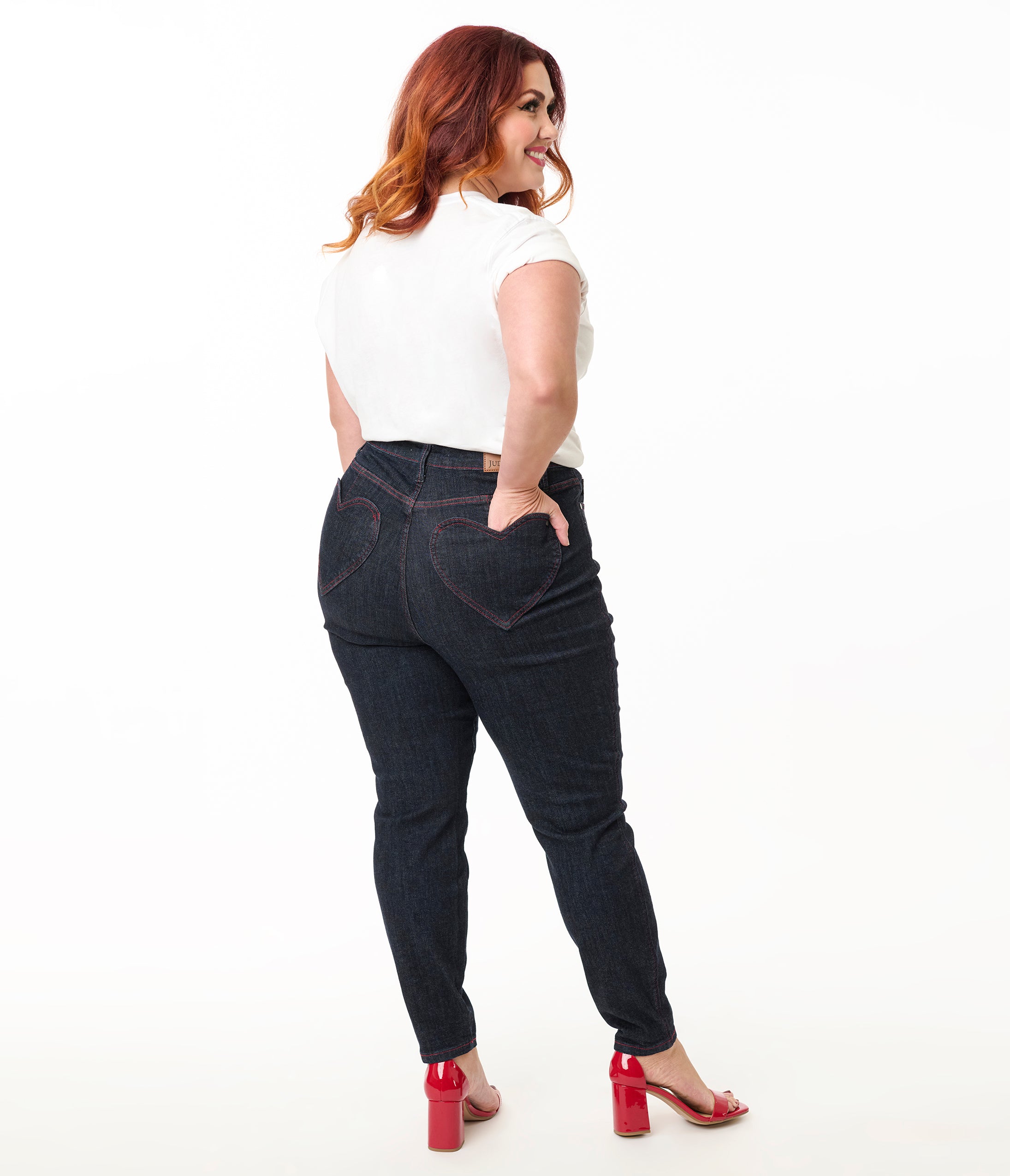 Plus Size Dark Blue Denim Heart Pocket Skinny Jeans – Unique Vintage