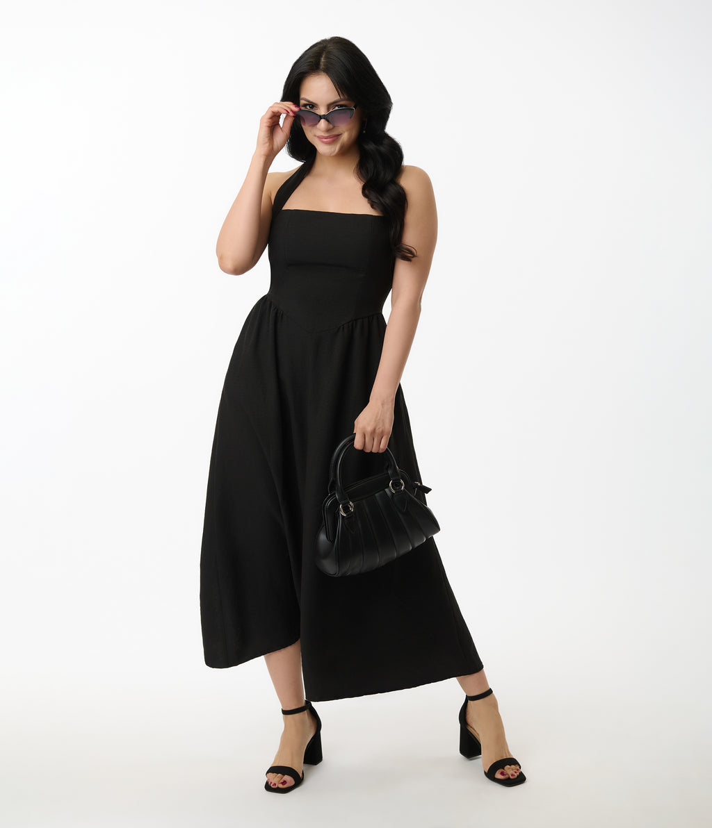 Black Halter A-Line Midi Dress