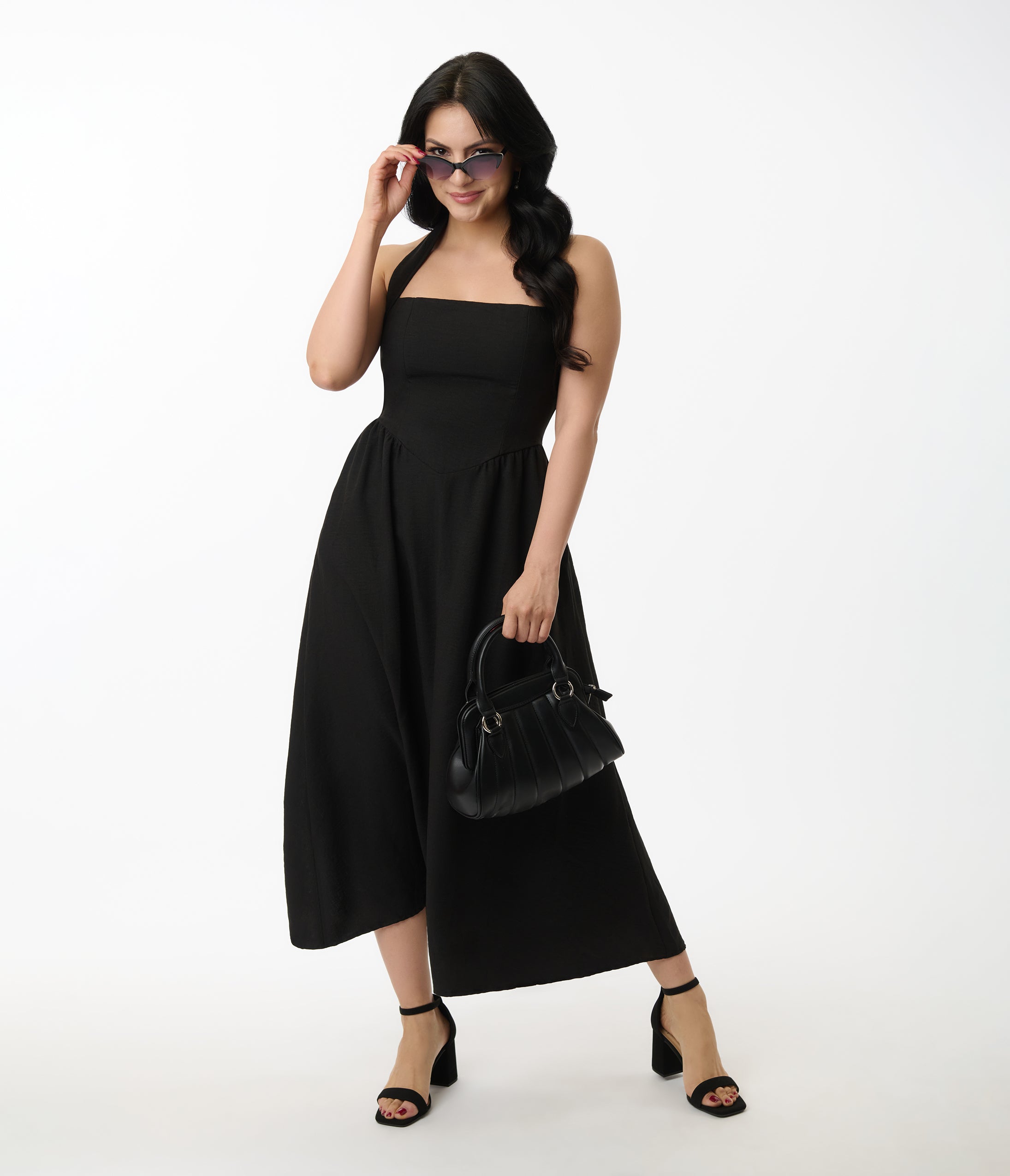 Black Halter A-Line Midi Dress