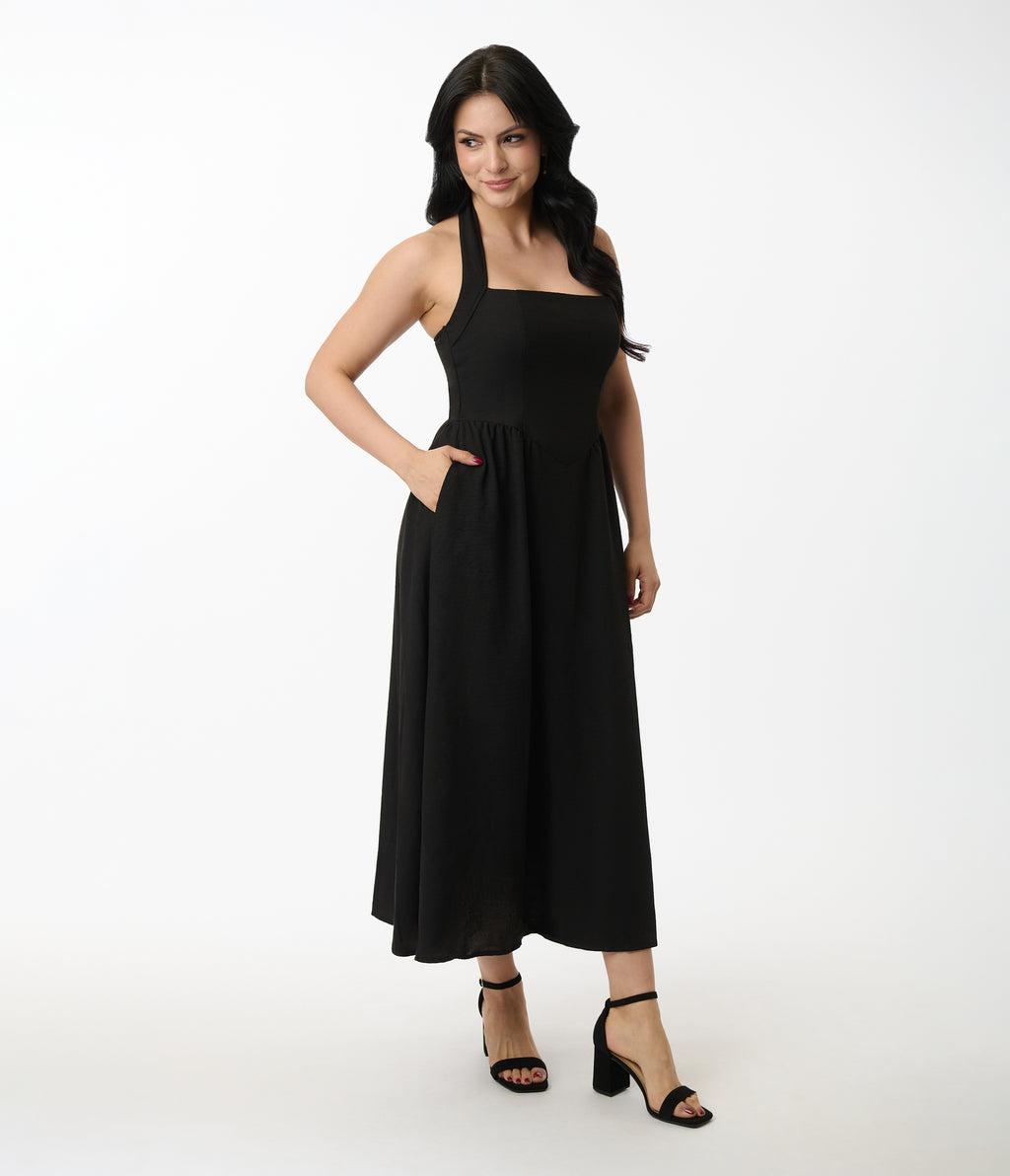 Black Halter A-Line Midi Dress