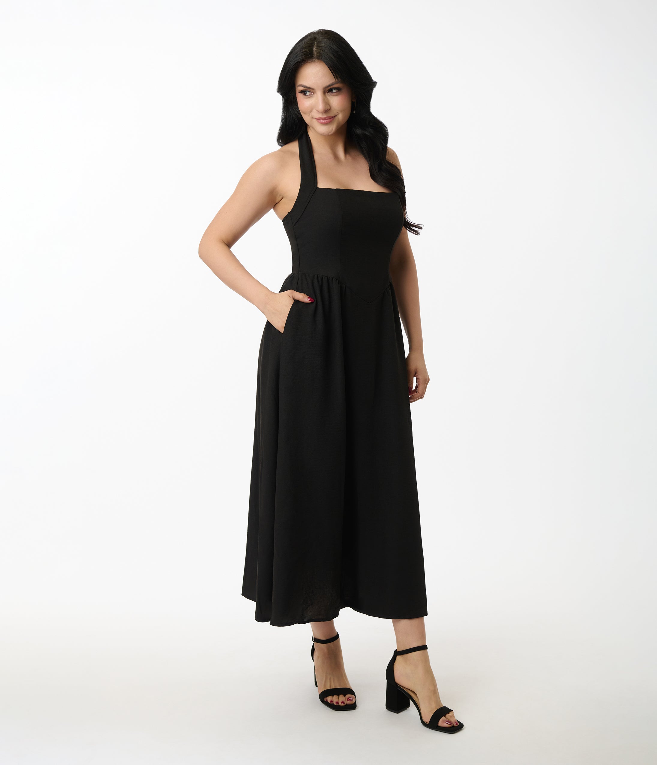 Black Halter A-Line Midi Dress