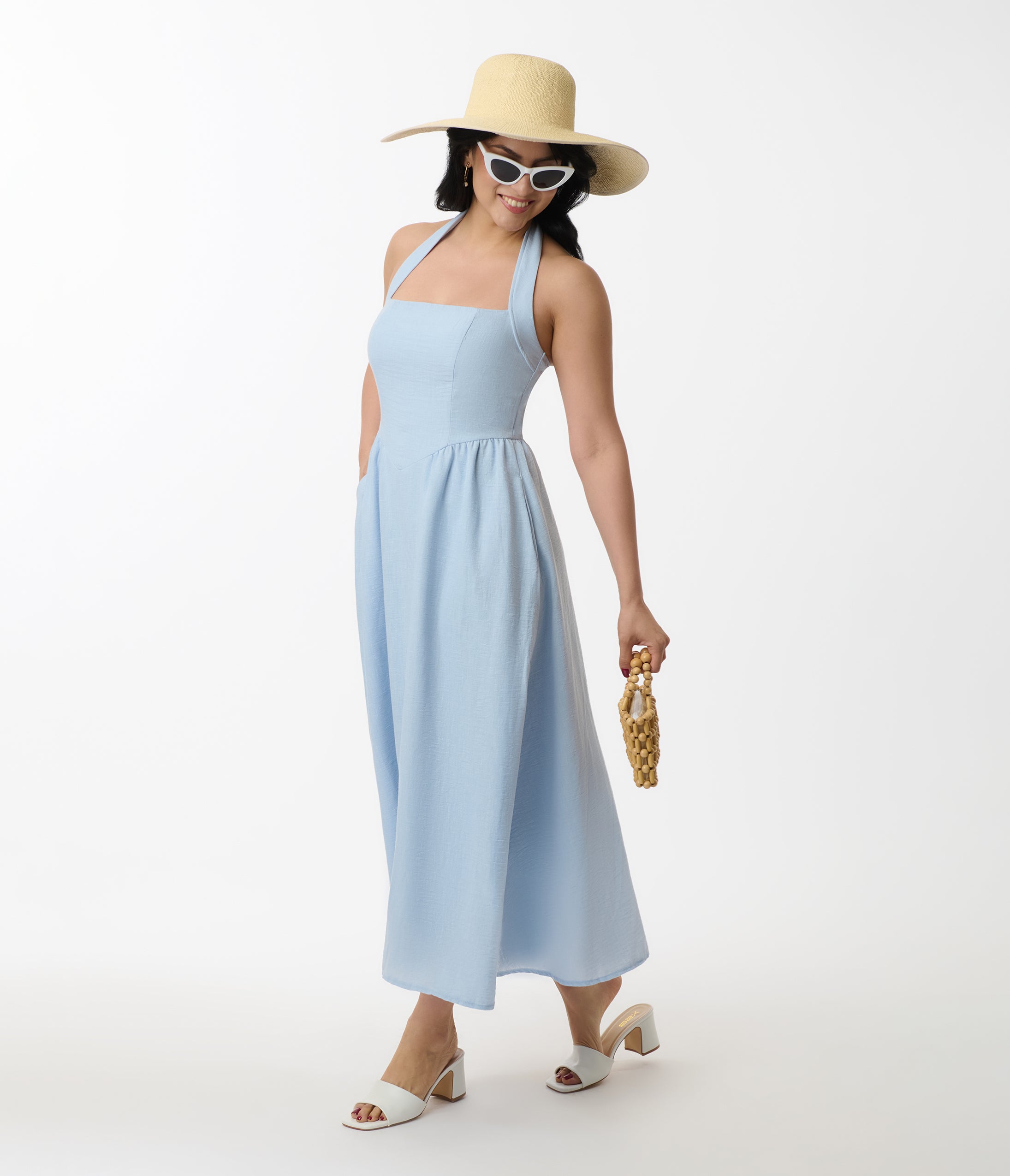 Sky Blue Halter A-Line Midi Dress