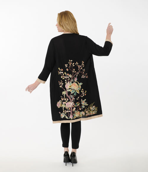 1920s Black & Cream Rose Embroidered Scarf Coat