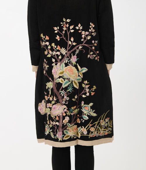 1920s Black & Cream Rose Embroidered Scarf Coat