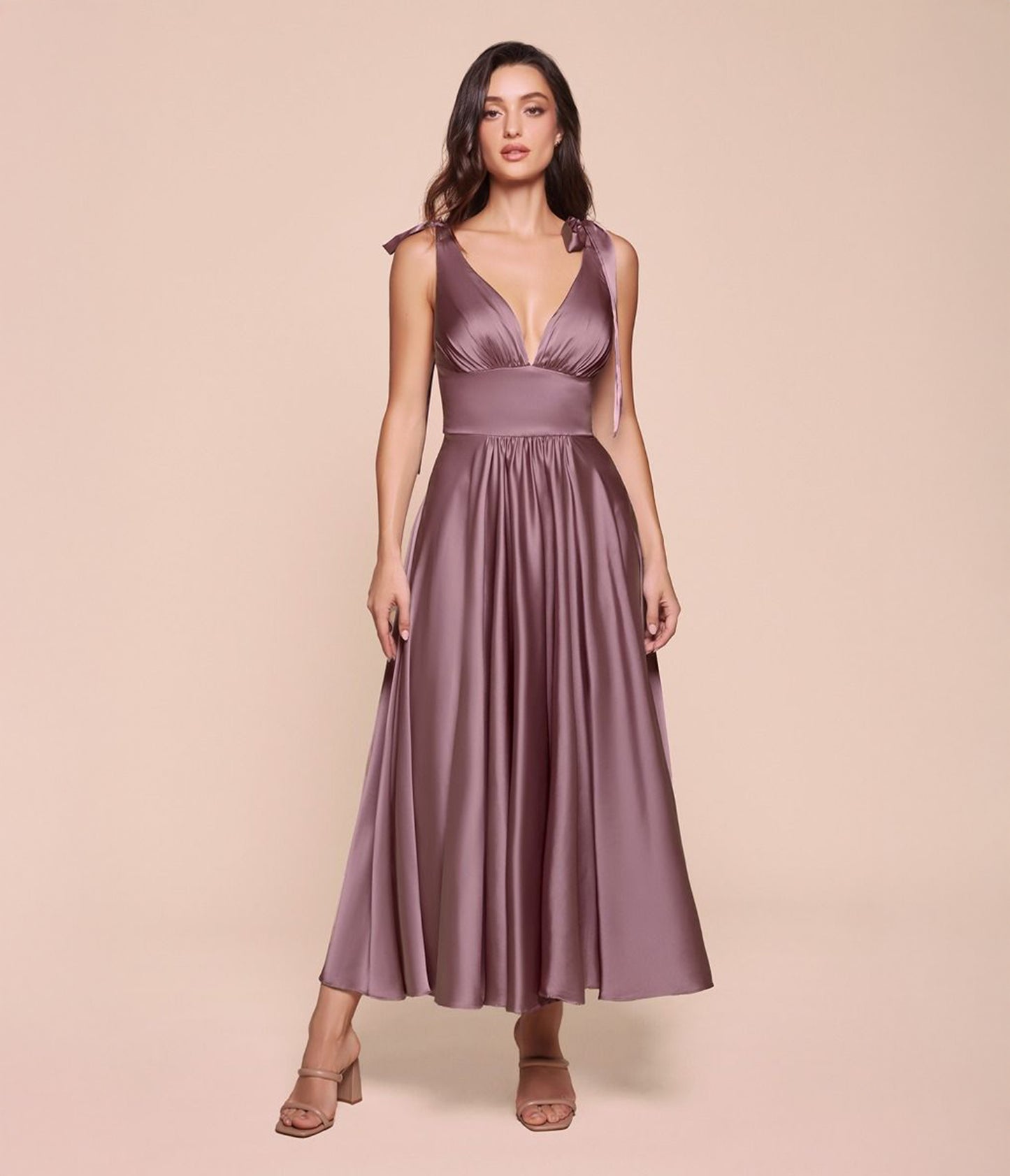 Ladivine by Cinderella Divine English Violet Tea Length Satin A-Line Dress