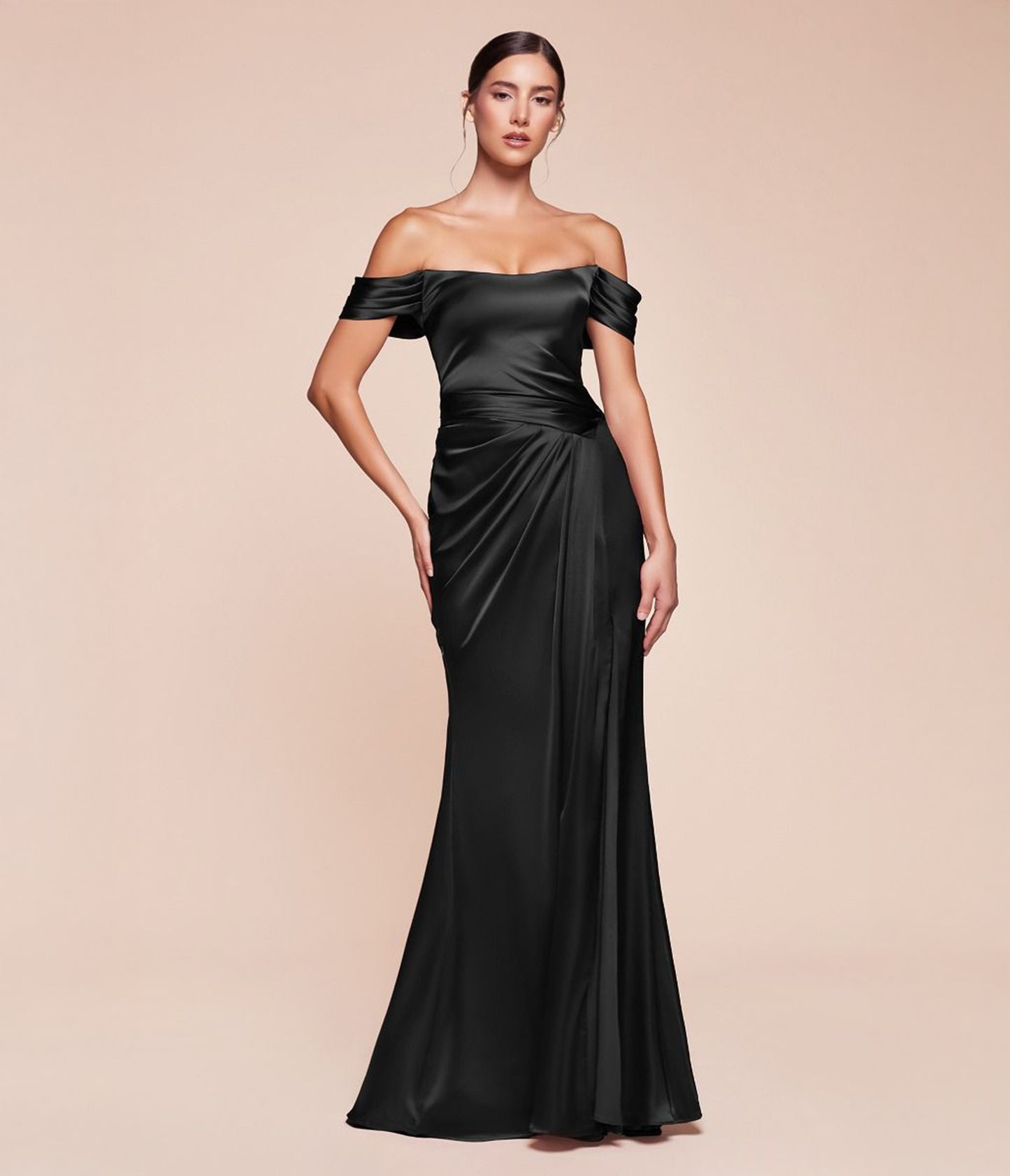 Ladivine by Cinderella Black Divine Off The Shoulder Lace Up Corset Satin Gown