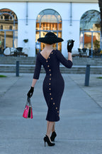 Heart My Closet Navy Pleated Back Deborah Pencil Dress