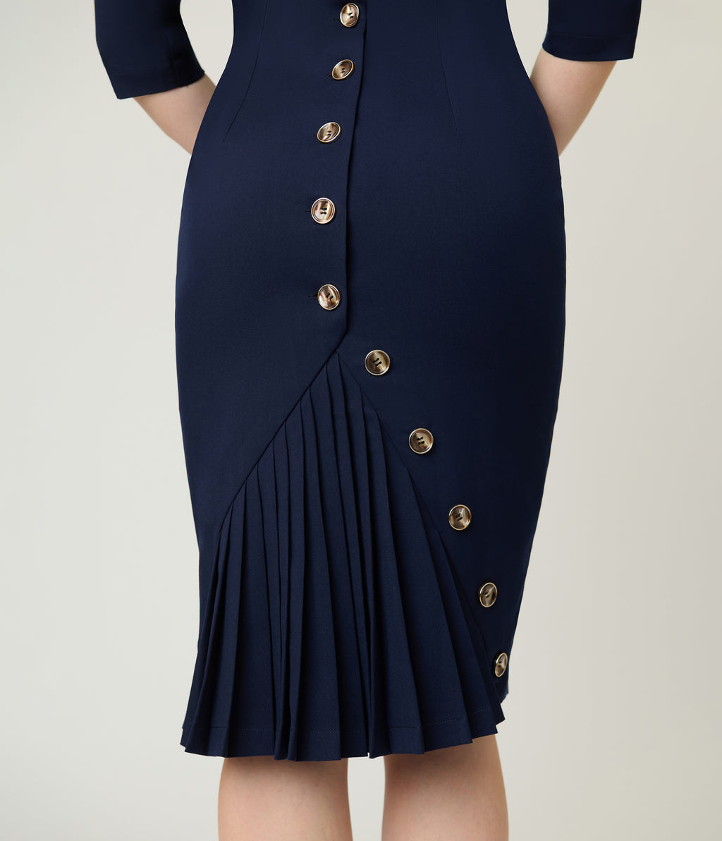 Heart My Closet Navy Pleated Back Deborah Pencil Dress