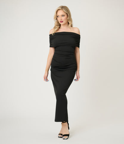 Black Spring Off The Shoulder Ruched Maxi Dress
