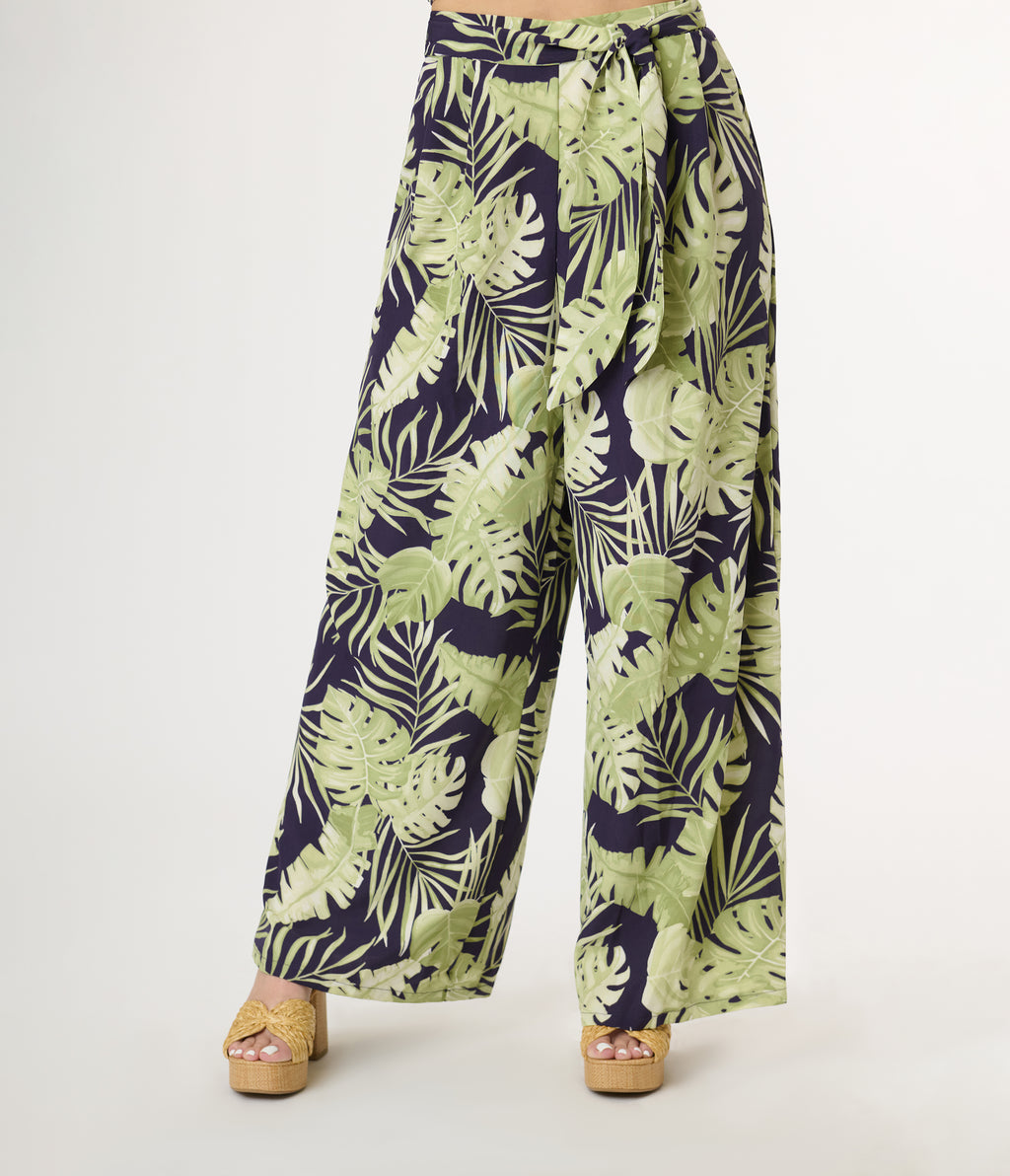 Navy & Green Tropical Belted Wide Leg Pants