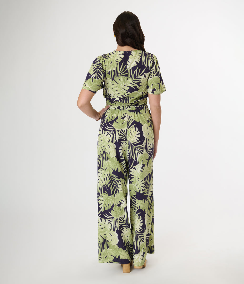 Navy & Green Tropical Belted Wide Leg Pants