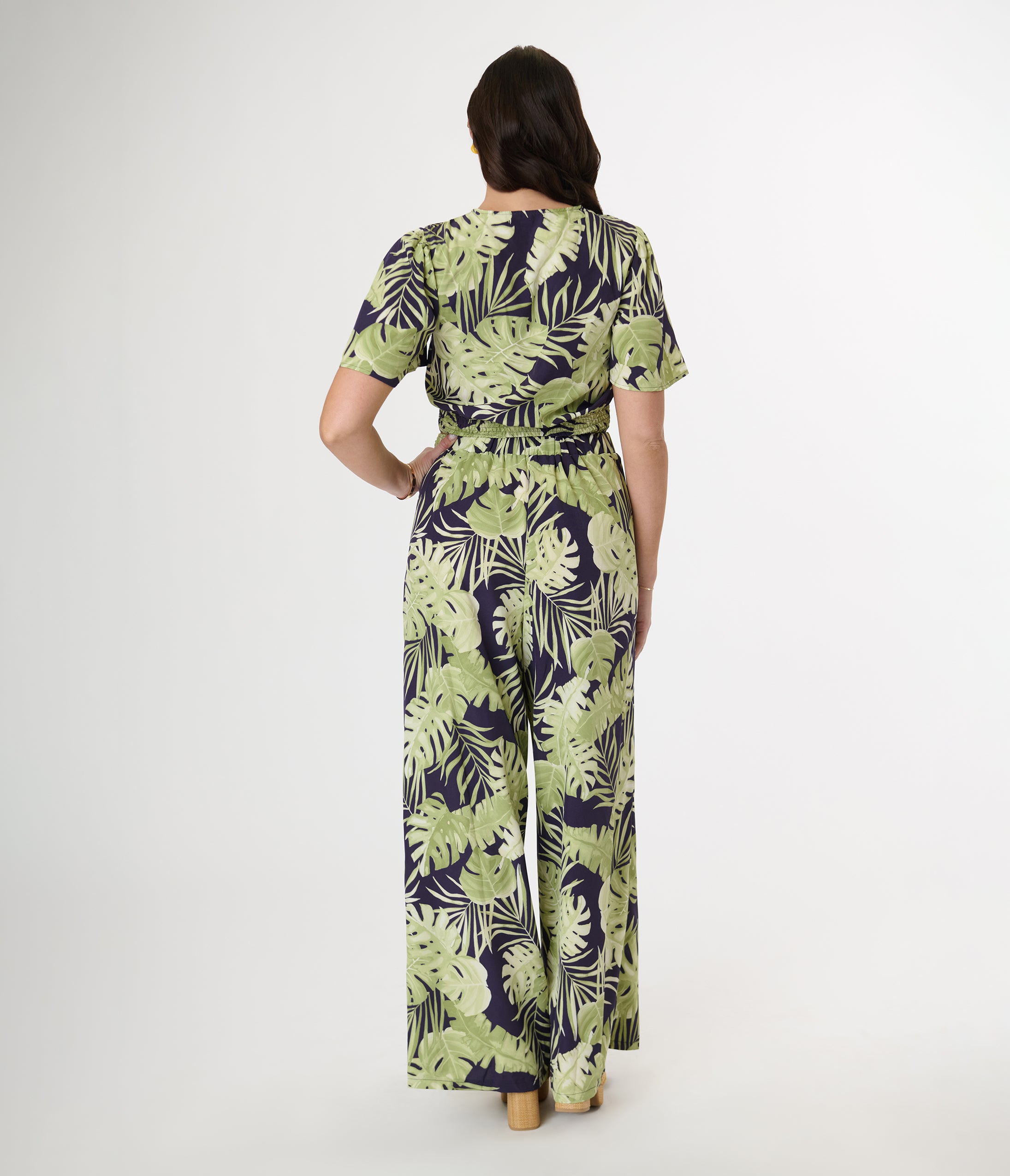 Navy & Green Tropical Belted Wide Leg Pants