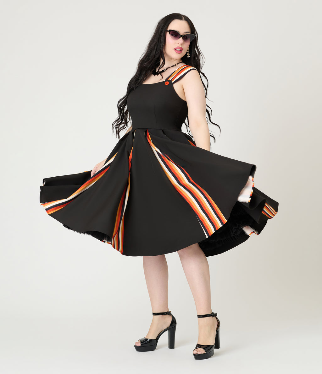 Unique Vintage Black Halloween Stripe Swing Dress