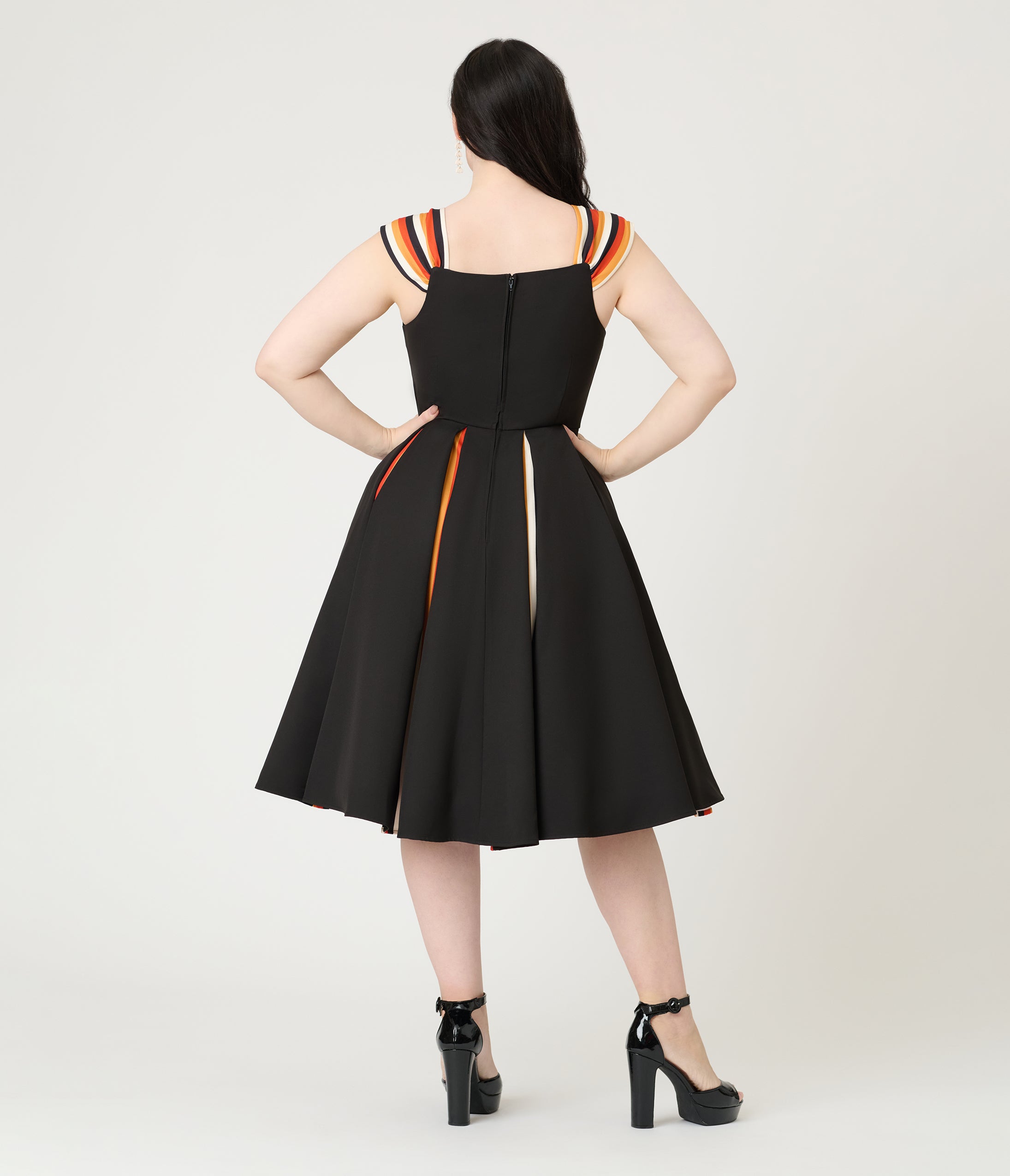 Unique Vintage Black Halloween Stripe Swing Dress